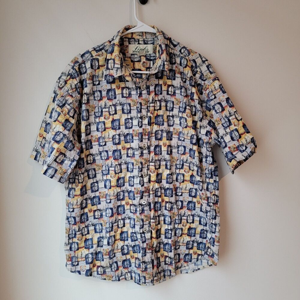 Links Mens Button Up Shirt Nautical Beachy Summer Size Large L Colorful‎